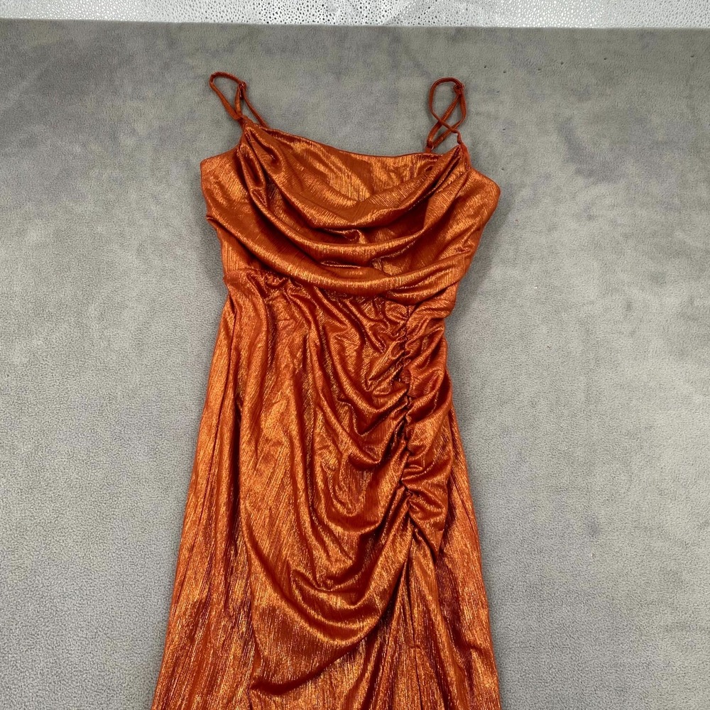 Social Couture Maxi Dress Womens 9/10 Metallic Orange Ruched Wedding Cowl Neck - Picture 5 of 10